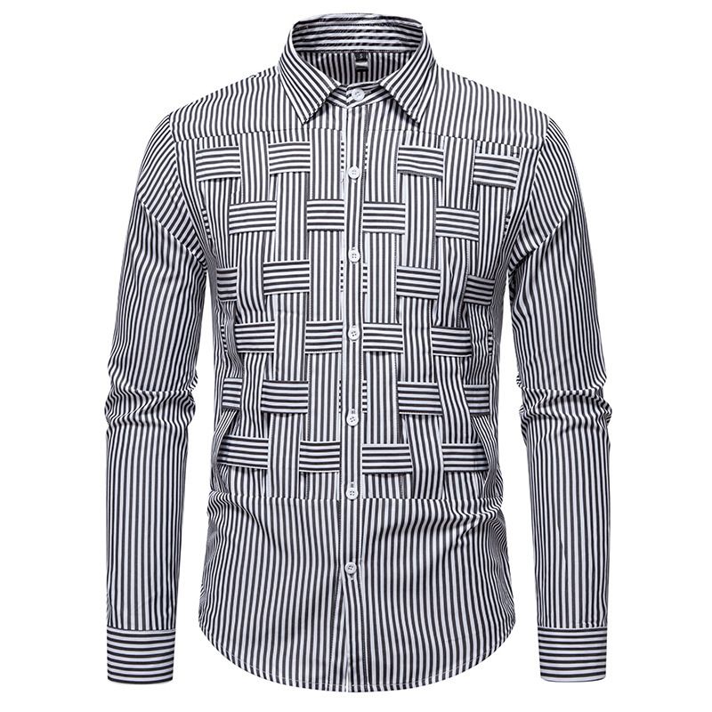 Minimalist Striped Woven Shirt For Men - Slim Fit Casual Button-Up With Subtle Texture (S-2xl, Polyester, All-Season Wear)_voghion.com