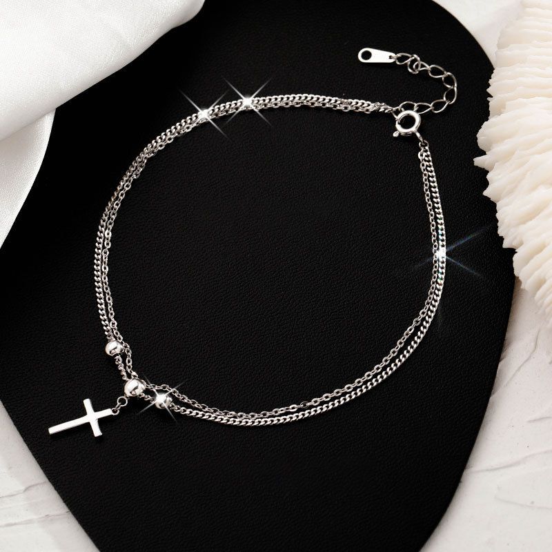 S Pure Silver Cross Anklet For Women, Light Luxury Style, High-end Fashion Foot Jewelry, Niche Design, Versatile Trend_voghion.com