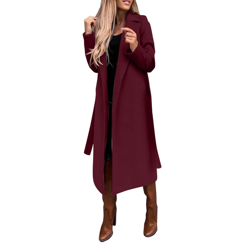 Elegant Long Sleeve Belted Wool Coat For Women – Timeless Trench Style With Notched Lapel, Versatile Pure Color Outerwear For Autumn & Winter_voghion.com