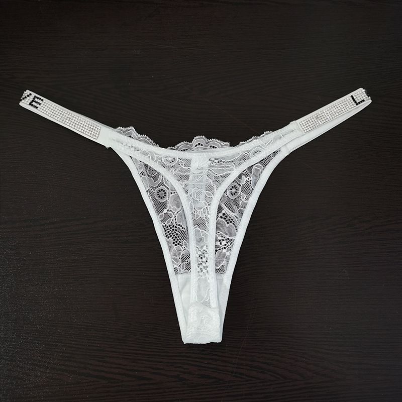 Lace Trimmed Low-Rise Women's Thong Underwear With Rhinestone Accents - Seamless & Breathable T-Back Panties For Everyday Comfort_voghion.com