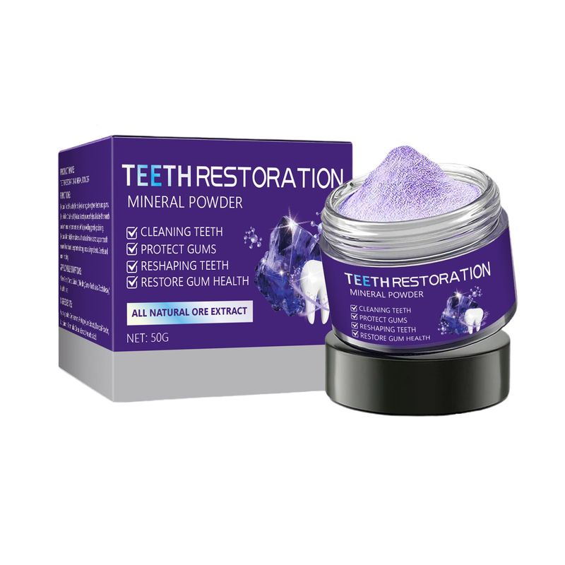 Poudre dentaire minérale blanchissante violette sans étiquette Élimine les taches jaunes Éclaircit les dents Rafraîchit l'haleine_voghion.com