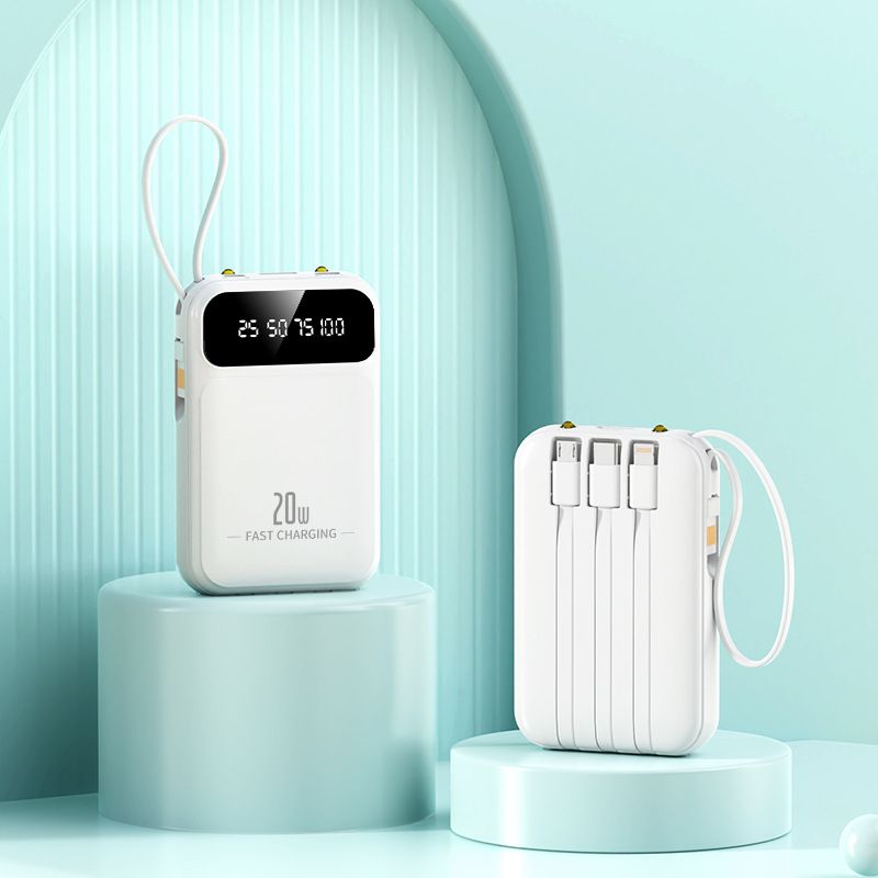 Power bank portatile ultra sottile da 20000 mAh con cavi integrati e torcia a LED, mini batteria esterna per telefoni iPhone e Android_voghion.com