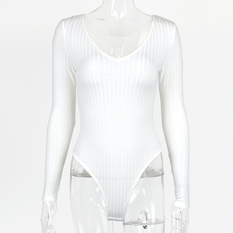 Tuta da donna sexy slim fit con scollo a V tinta unita a maniche lunghe_voghion.com