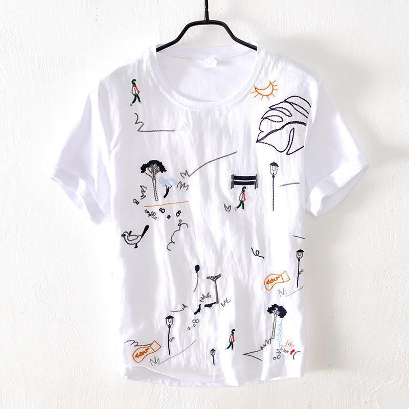 Maglietta corta da uomo con ricamo a forma di personaggio, in cotone e lino, sottile e casual, a maniche corte_voghion.com