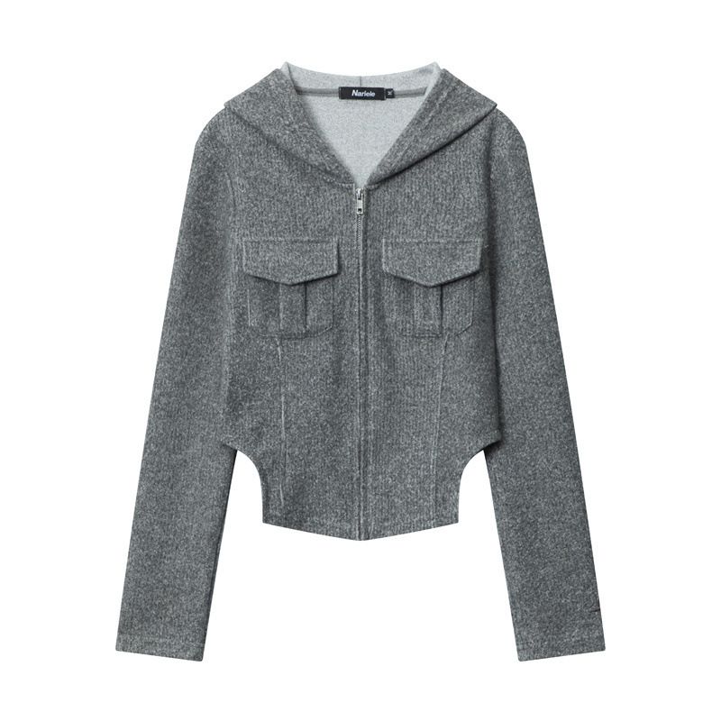 Abbigliamento da donna Felpa con cappuccio e zip da donna - Top corto a maniche lunghe con vestibilità attillata e dettaglio tasca_voghion.com
