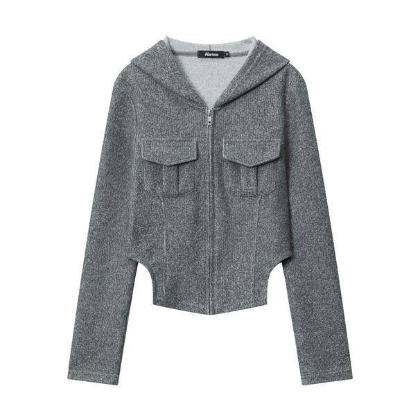 Abbigliamento da donna Felpa con cappuccio e zip da donna - Top corto a maniche lunghe con vestibilità attillata e dettaglio tasca_voghion.com
