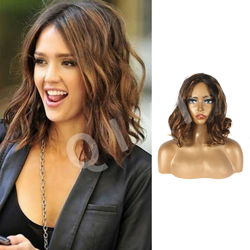 Synthetic wig medium length curly wig for women center point bleaching and dyeing gradient brown _voghion.com