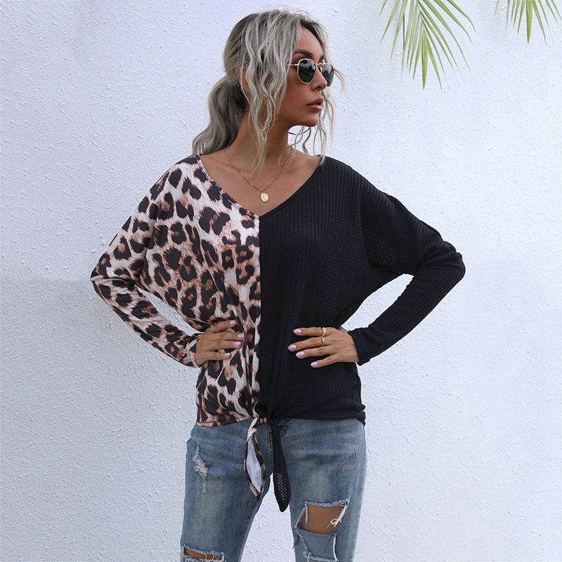 Maglione casual a maniche lunghe con scollo a V e stampa leopardata impiombato_voghion.com