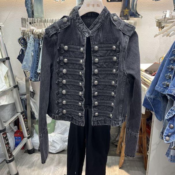 Women's Clothing Retro Palace Style Button Down Long Sleeved Top Spring And Autumn Fashion Stand Up Collar Denim Short Jacket_voghion.com