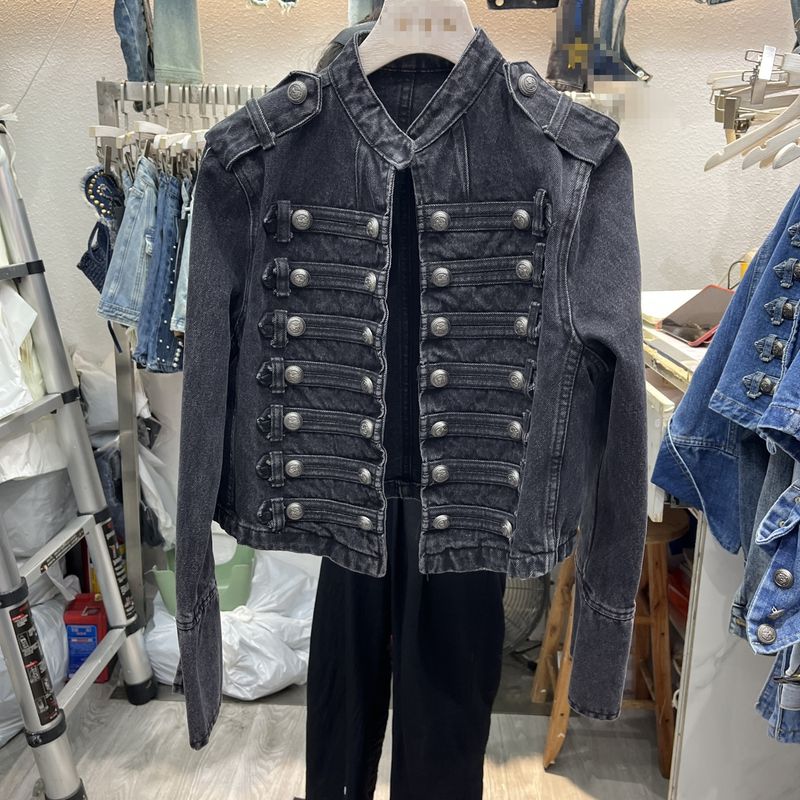 Giacca corta in denim con colletto alto, stile palazzo retrò, da donna, con bottoni, a maniche lunghe, primavera e autunno_voghion.com