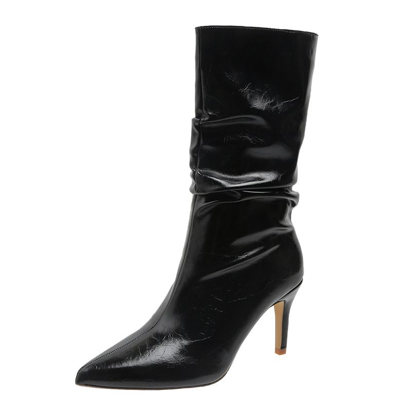 Thin heeled pointed women s mid length autumn and winter new fashion set foot fold pile Martin boots_voghion.com