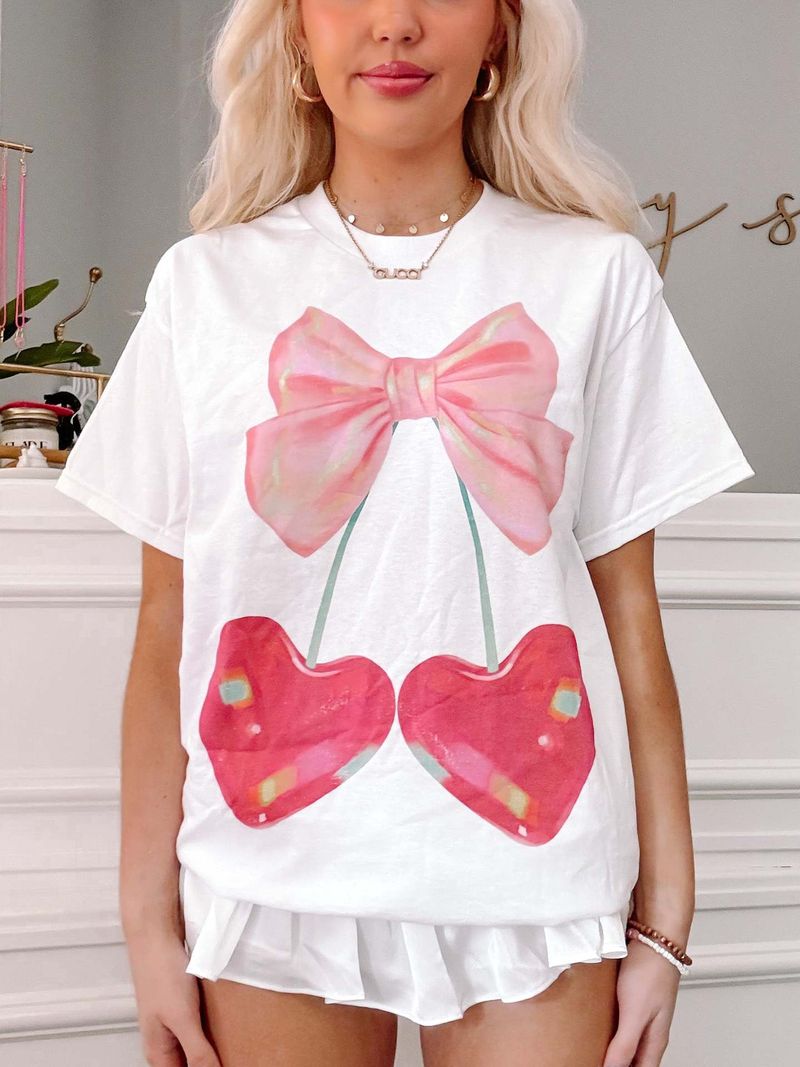 Damenbekleidung Frühling und Sommer Neues lockeres Kurzarm-T-Shirt mit Kirschschleifendruck_voghion.com