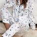 Elegant V-Neck Satin PJ Set For Women - Soft & Breathable Long Sleeve Sleepwear With Heart Print_voghion.com