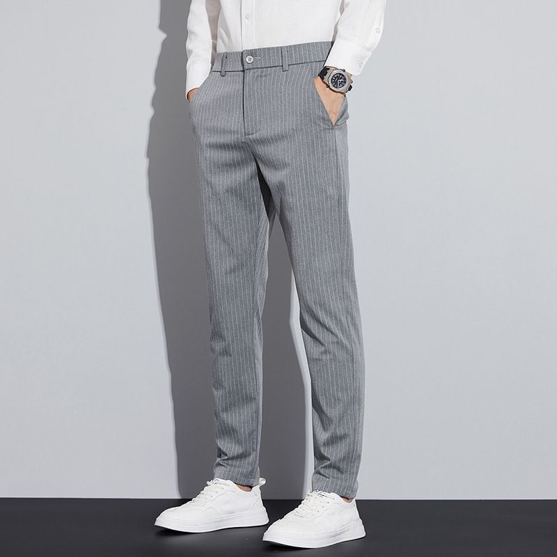 Pantaloni da uomo slim fit a righe, pantaloni casual da lavoro, comodi pantaloni a gamba dritta in poliestere per l'ufficio e l'uso quotidiano (nero)_voghion.com