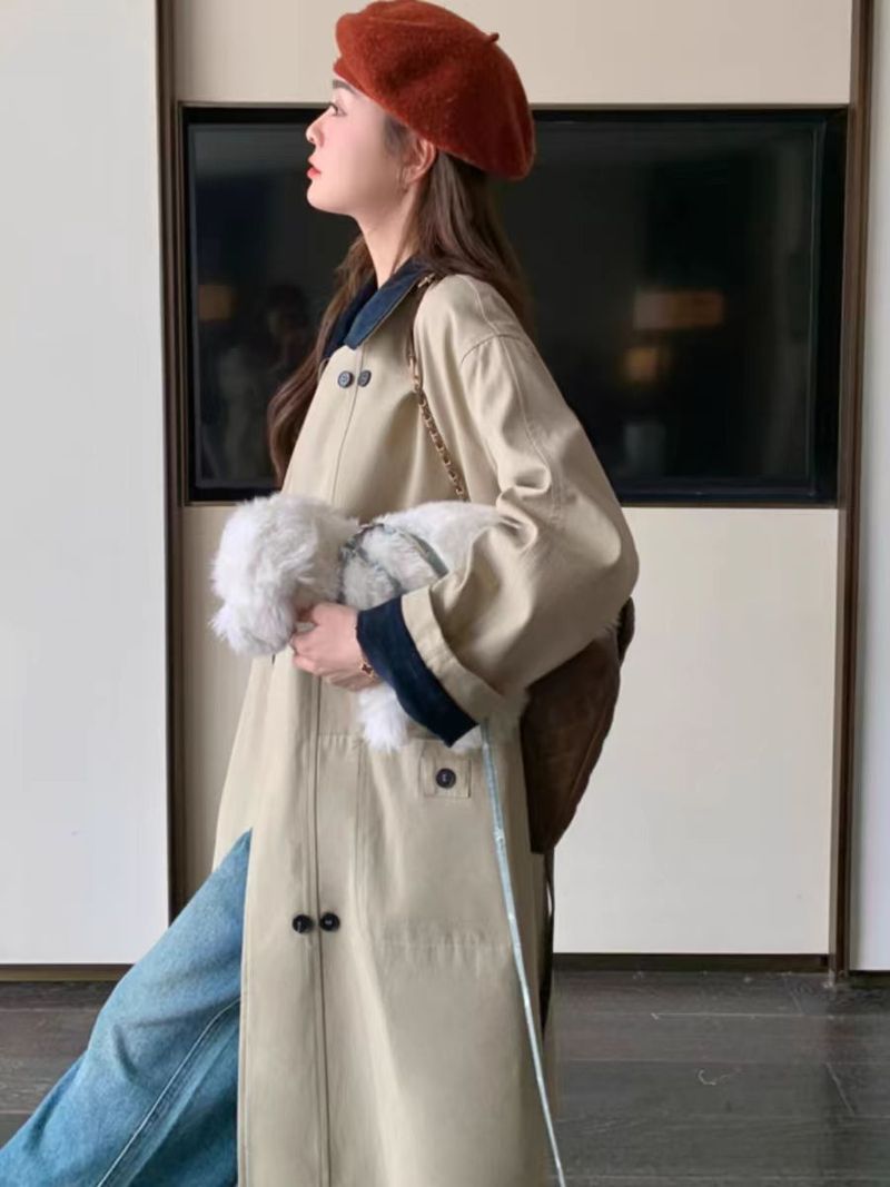 "Elegant Long Trench Coat For Women - Lightweight Polyester Blend, Loose Fit, Polo Collar, Color Blocking Design, Retro Style, S/M/L Sizes"_voghion.com