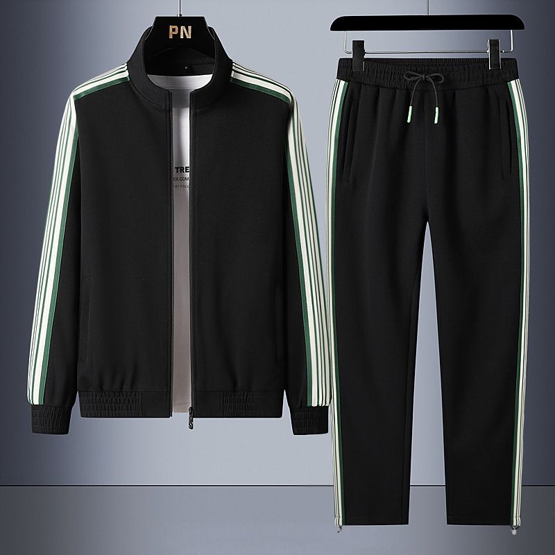 Pantaloni da giacca di marca alla moda con colletto alla coreana da corsa da uomo Abito a due pezzi casual a tre strisce_voghion.com