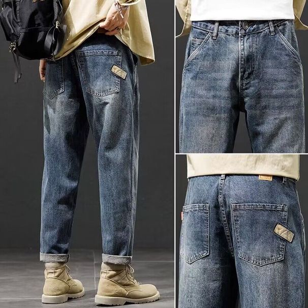 Amerikanska klassiska jeans med raka ben, lösa jeans, trendiga märkesbyxor för män, vår och sommar, stentvättade, enkla, avslappnade byxor_voghion.com