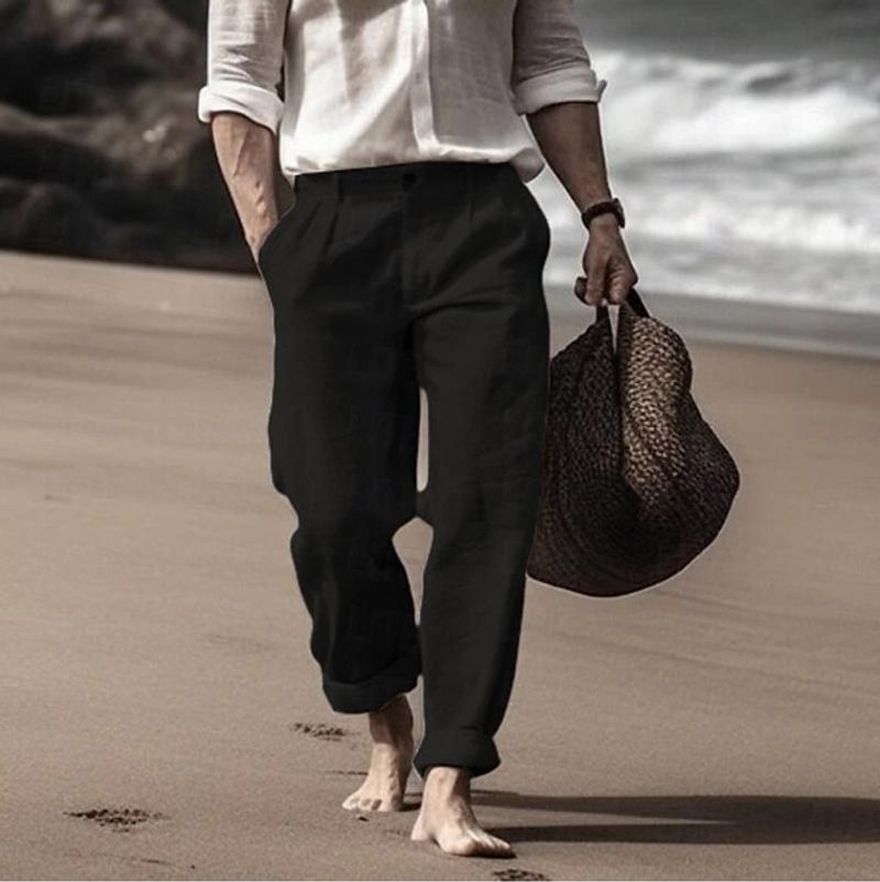 Men's Clothing 2024  Summer Men's Beach Straight Solid Color Comfortable Outdoor Breathable Cotton and Linen Loose Casual Trousers_voghion.com