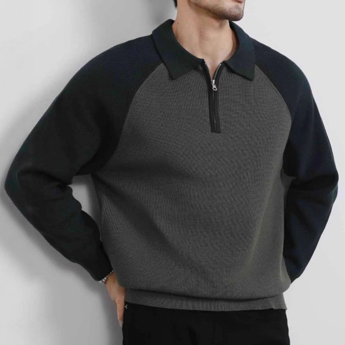 "Men's Contrast Collar Semi-Zip Polo Sweater – Oversized Knit Pullover With Raglan Sleeves, Machine Washable (5 Sizes, Green/Black/White)"_voghion.com