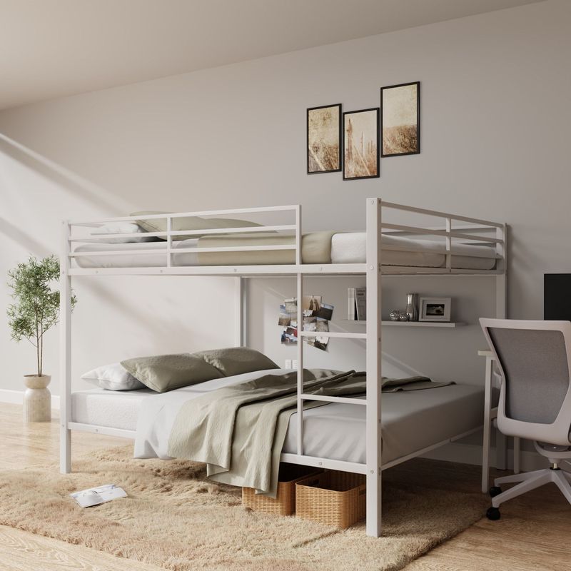 Full Over Full Bunk Bed, Heavy Duty Metal Bunk Bed Frame With Built-in Ladder And Safety Guard Rail, Low Metal Bunk Bed Frame For Kids, No Boxspring Required, For Small Spaces, White_voghion.com