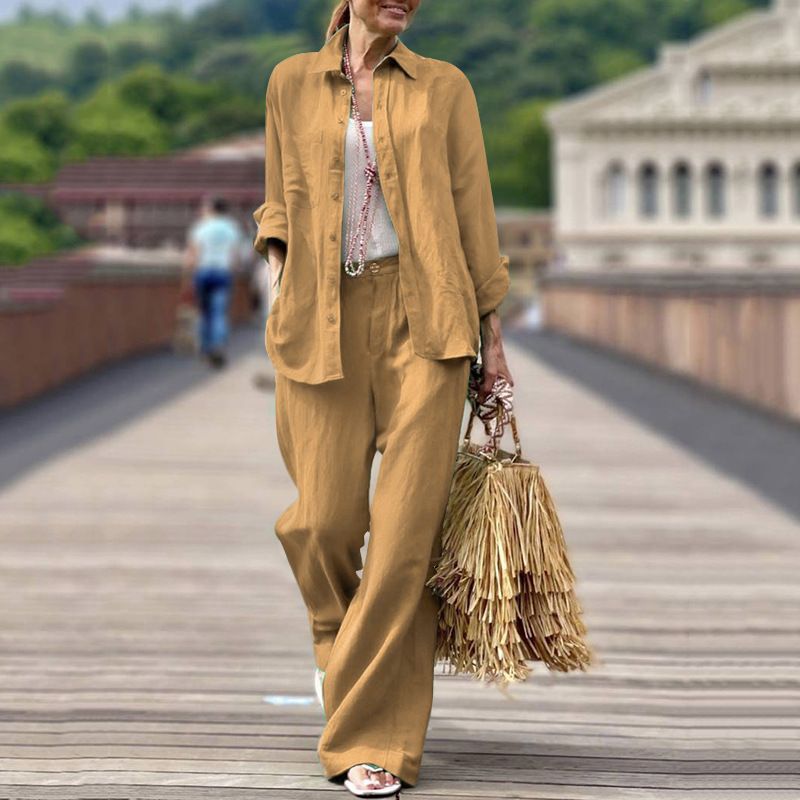 Abbigliamento da donna Primavera Nuova moda Casual Cotone tinta unita Camicia a maniche lunghe Pantaloni Tuta Donna_voghion.com