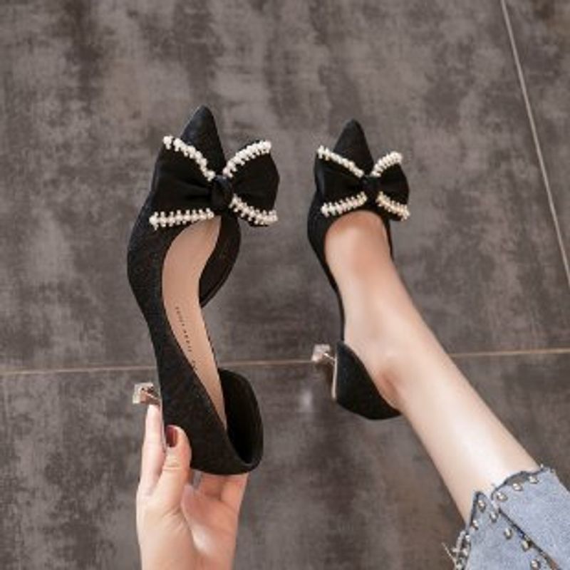 Schuhe hohl Französisch mädchen spitzen perle bogen stiletto schuhe_voghion.com
