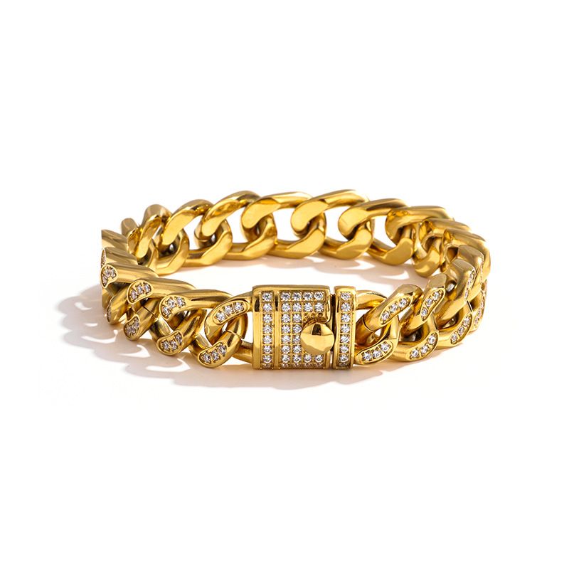Factory Direct Supply Cross Border Curved Buckle 18K Gold Inlaid Stone Bracelet 316 Stainless Steel Bracelet Men's Domineering Cuban Bracelet_voghion.com