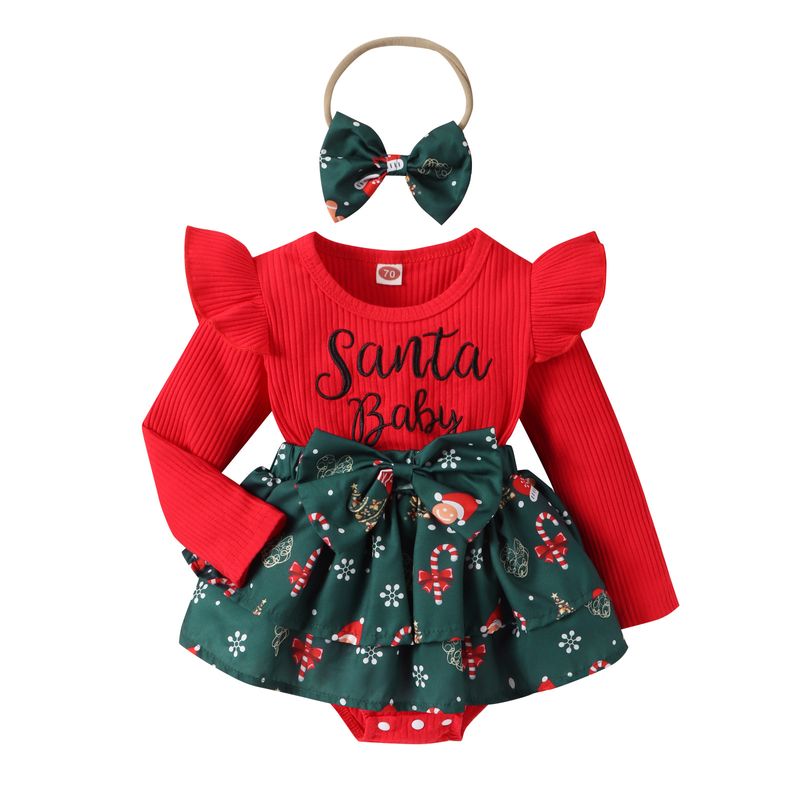 kid's clothing Striped letter flying sleeve Christmas print skirt bow headband open crawl suit set_voghion.com