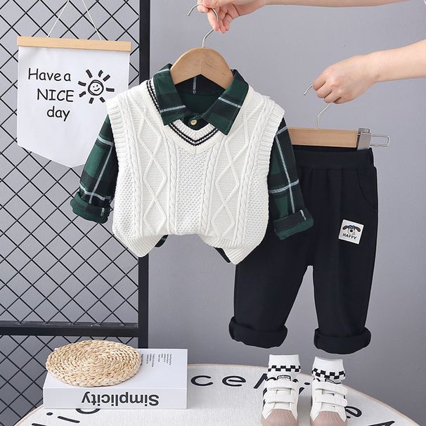 Dětské oblečení 2024 nové podzimní dětské oblečení kostkovaný svetr košile třídílný dětský oblek kalhoty dětské podzimní oblečení_voghion.com