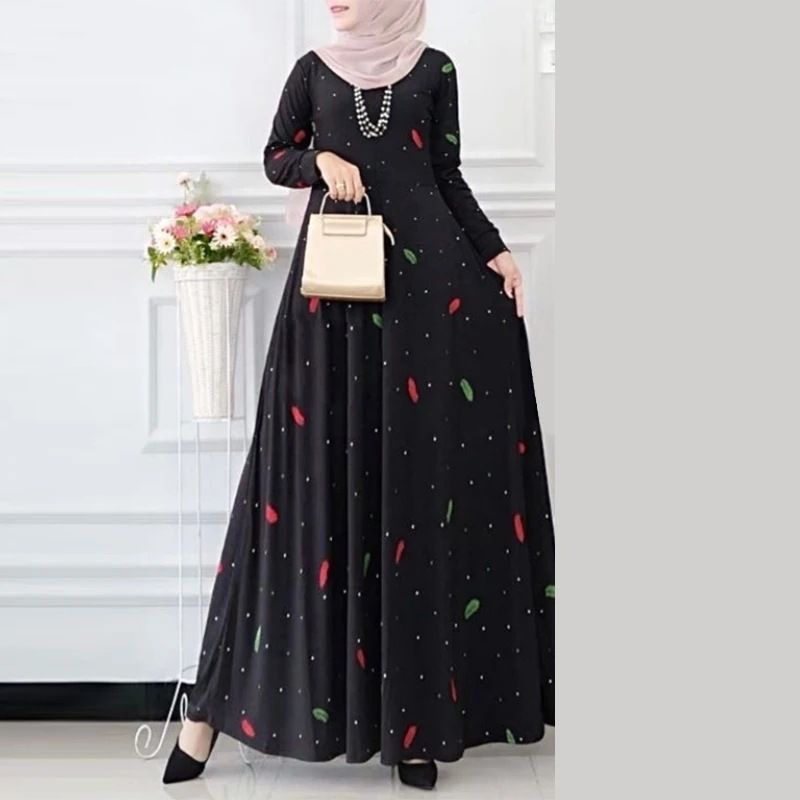Women Leaf dot print spring and autumn long sleeved Bohemian large swing skirt_voghion.com