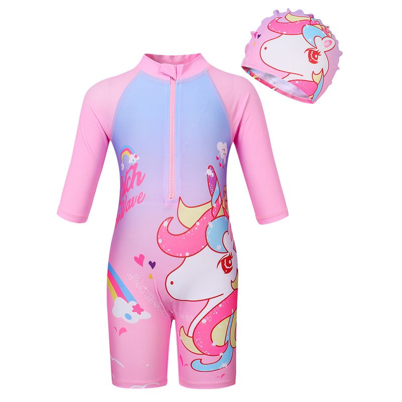 Mother & Kids children's swimming girl summer mermaid unicorn cartoon print swimming sleeves one-piece swimsuit with swimming cap set_voghion.com
