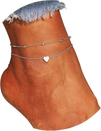 Set di 4 cavigliere a forma di cuore in metallo da spiaggia, multistrato, con perline rotonde e cuore_voghion.com