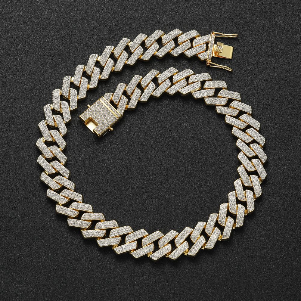 Hip-Hop Domineering 20mm Three-Row Men's Large Gold Full Diamond Personality Bar Cuban Chain_voghion.com