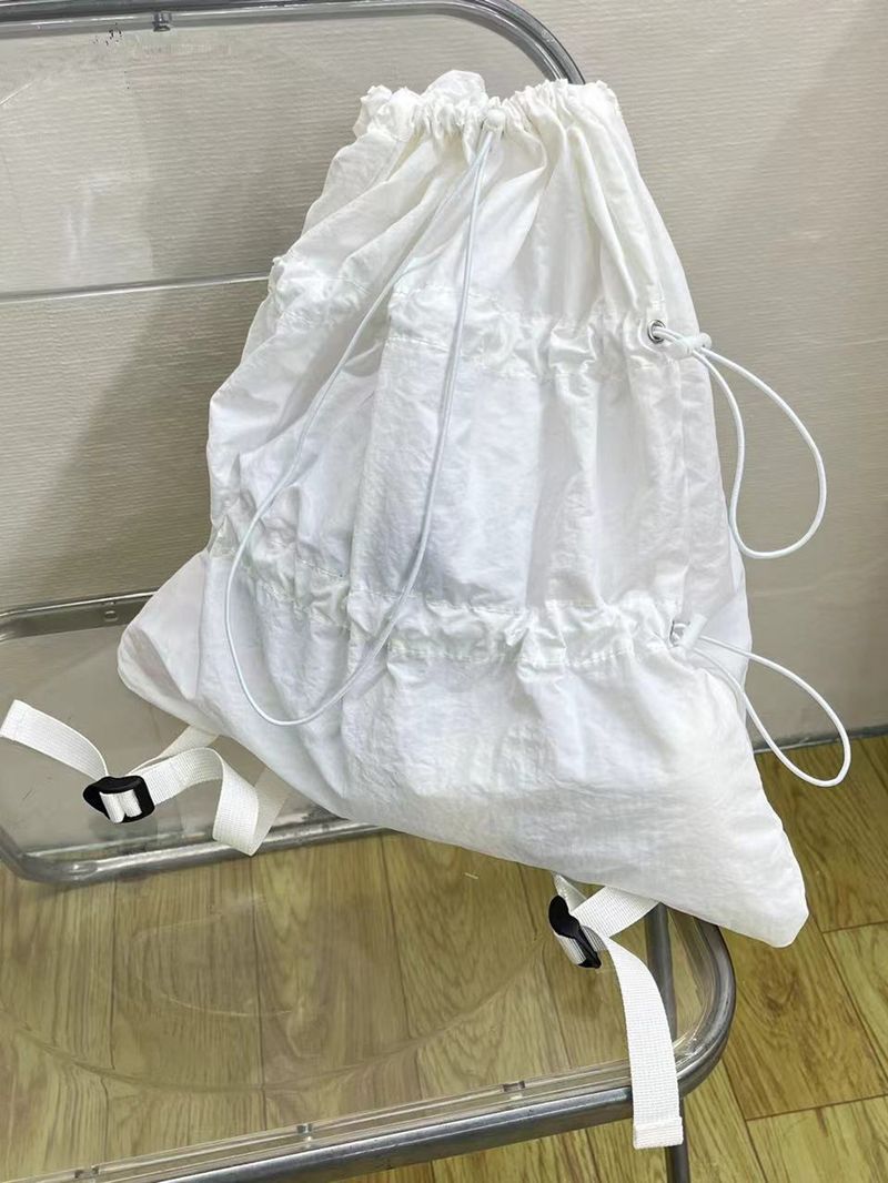 White Women's Backpack, Korean Lazy Wind Drawstring Mouth Backpack, Lightweight Nylon Waterproof Backpacks_voghion.com