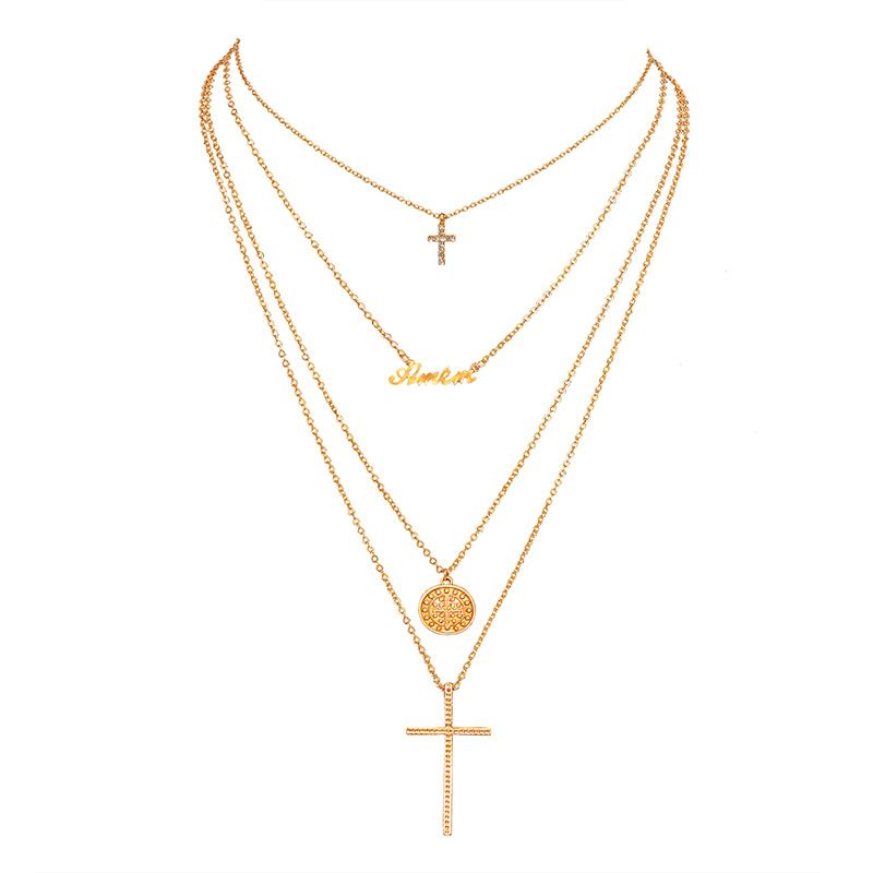 Nieuwe mode meerlaagse geometrische ronde Engelse ingelegde diamanten kruisketting sieraden Hot Sale_voghion.com
