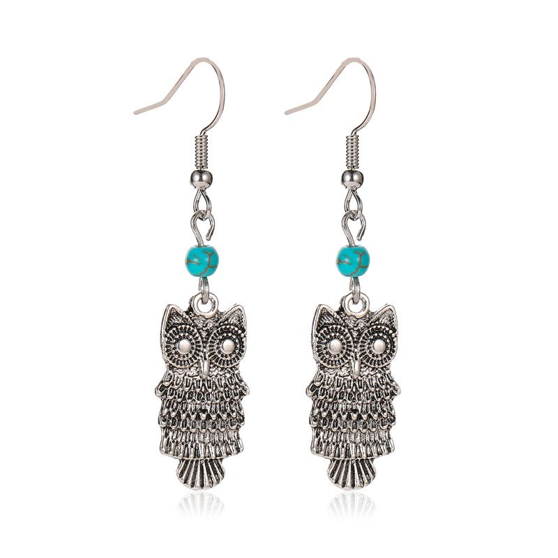 Ethnic Hot Earrings Vintage Owl Set Turquoise Earrings Women's Distinctive Long Alloy Animal Earrings_voghion.com
