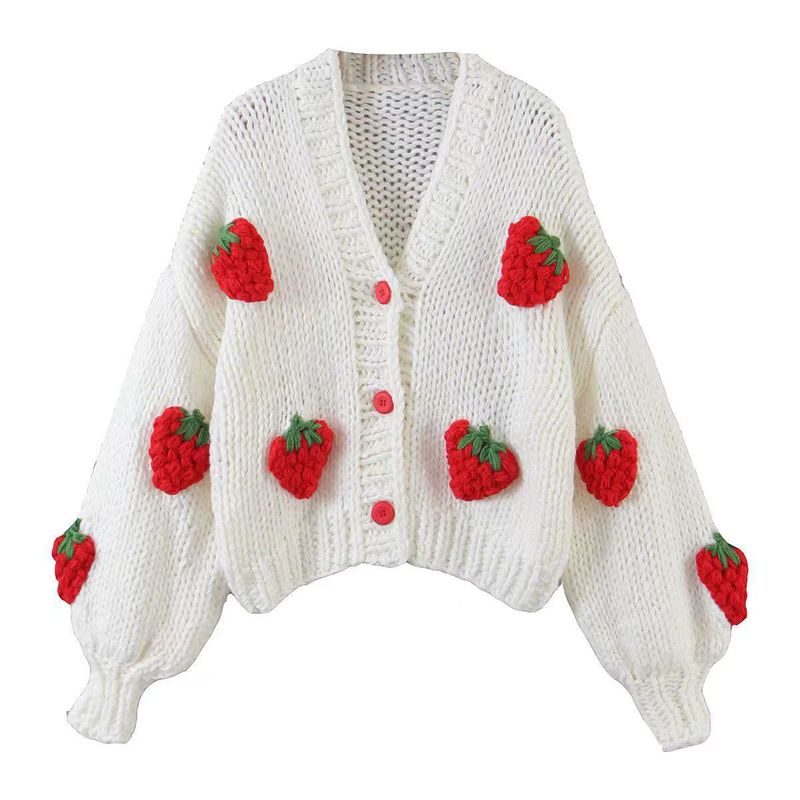 Abbigliamento da donna nuovo stile mohair maglione cardigan lavorato a maglia grossolana scollo a V manica a lanterna cappotto fragola_voghion.com