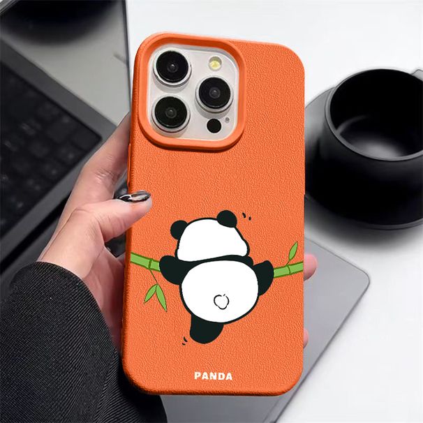 Custodia in pelle con texture a forma di panda dei cartoni animati per iPhone 16 15 14 Pro Max 13 12 Pro Max 11, antiurto, in silicone morbido TPU opaco_voghion.com