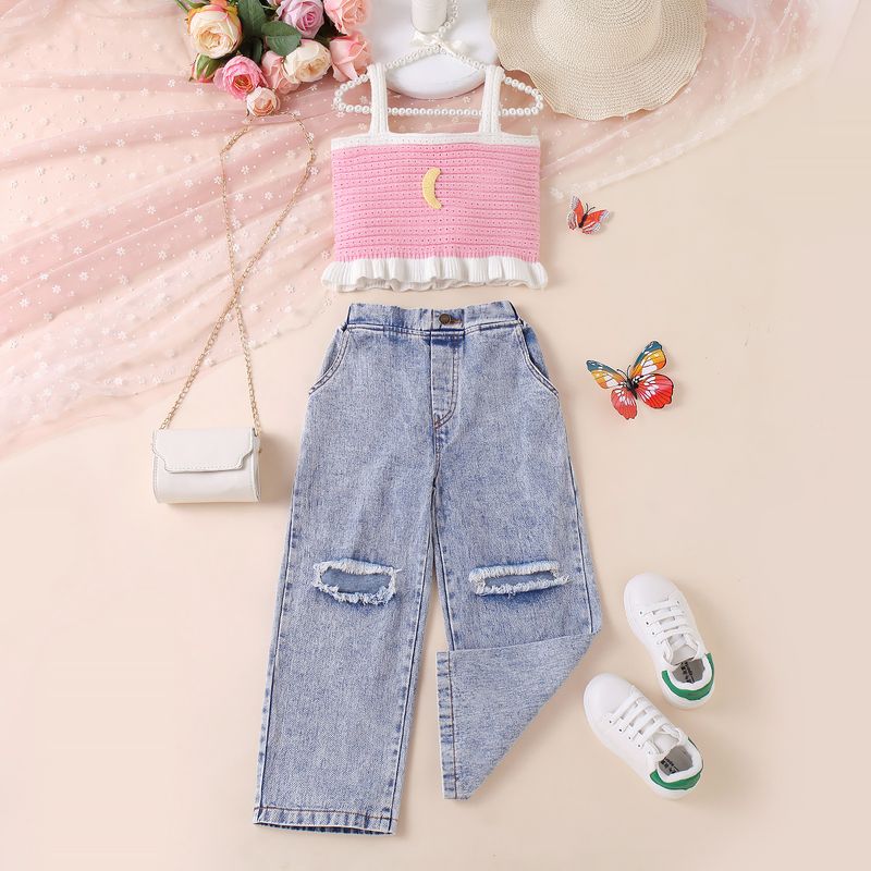 Babykleidung Mädchen-Sommer-Set aus Wolle mit Polka-Dot-Muster, einfarbig, ärmellos, schulterfrei, Pullover, zerrissene Jeanshose, zweiteiliges Set_voghion.com