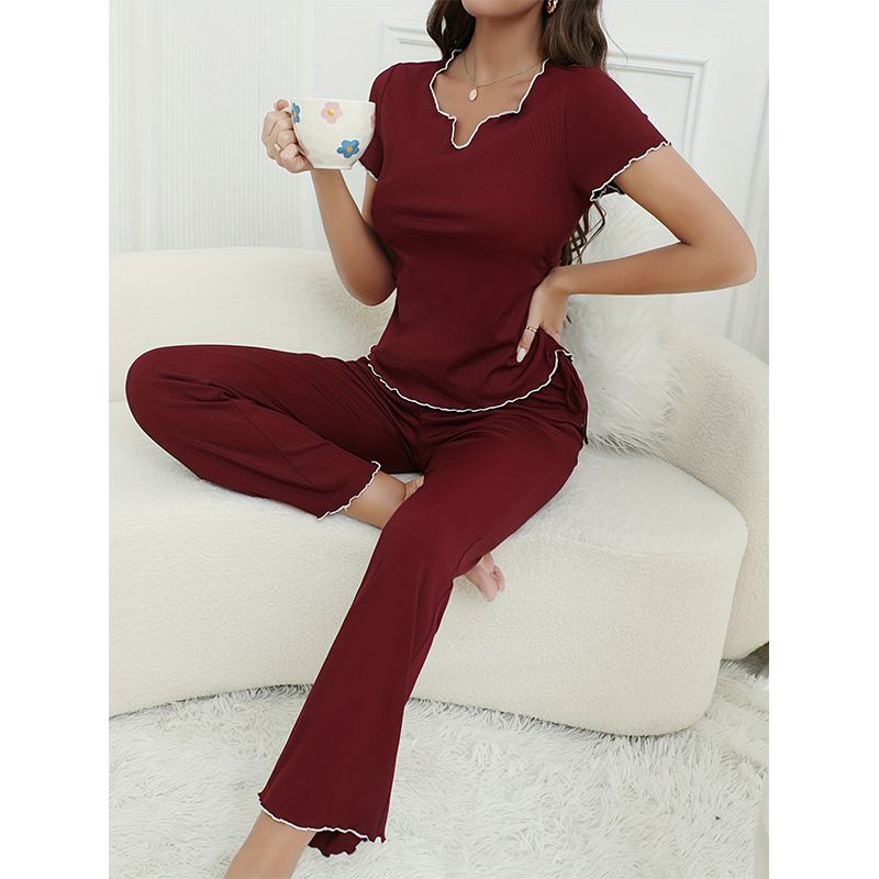 2025 Summer New Pajama Women's Premium Comfort Pit Strip Short Sleeve Pants Casual Home Clothing Set_voghion.com