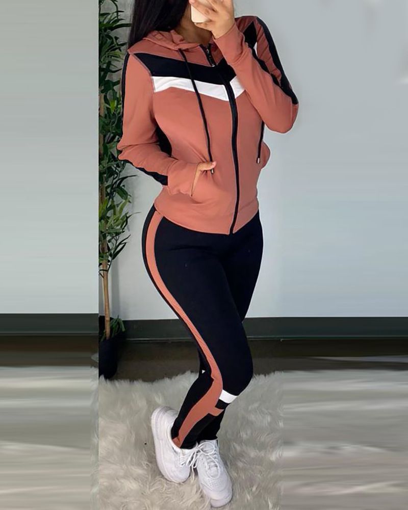 Costume de sport décontracté pour femmes, gilet avec chapeau, ensemble trois pièces classique de couleur contrastée_voghion.com