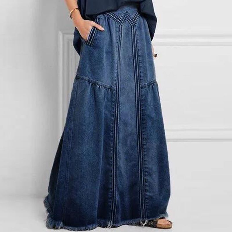 Damenbekleidung eleganter A-Linien-langer Rock Frühling und Herbst lässig bequemer Jeansrock Farbverlauf passender Rock_voghion.com