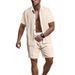 2025 Summer Men's Casual Turn-down Collar Button Color Block Shirt Short Sleeve Shorts Set For Men_voghion.com