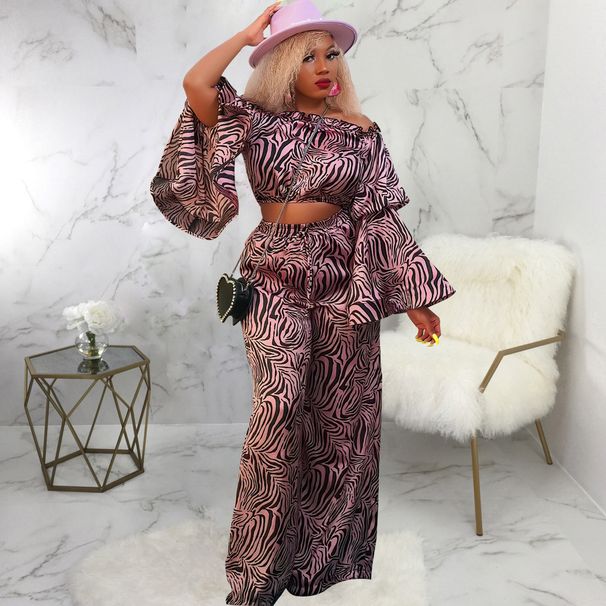 Platform Damenmode Digitaldruck Ausgestelltes Ärmeloberteil und Weite Hose Zweiteiliges Set_voghion.com