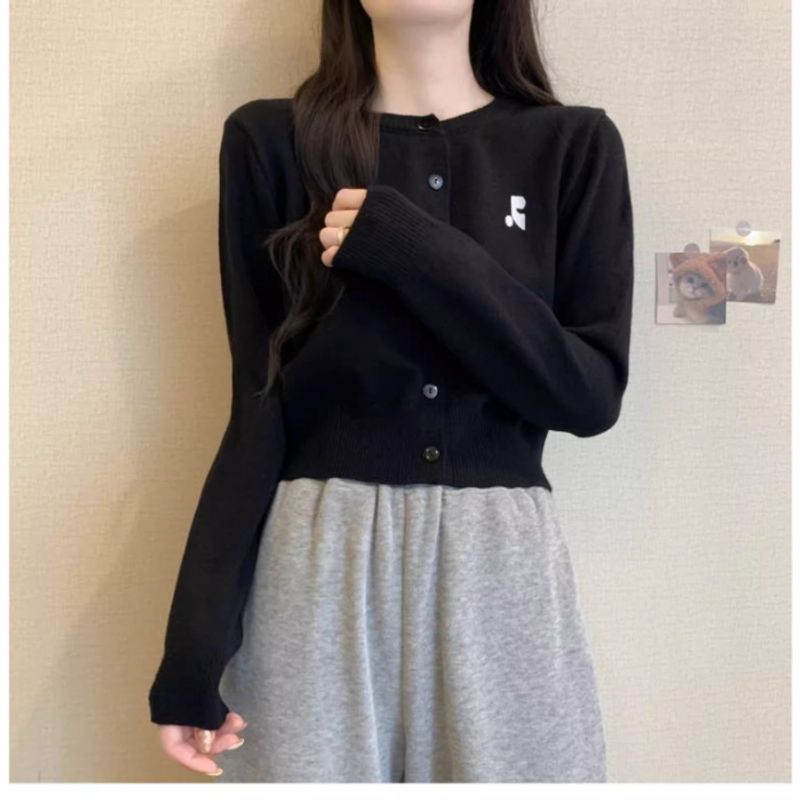 Sød og lyserød broderet rundhalset strikket cardigan til kvinder i efteråret, slim fit, krydret pige, kort, lille design,_voghion.com