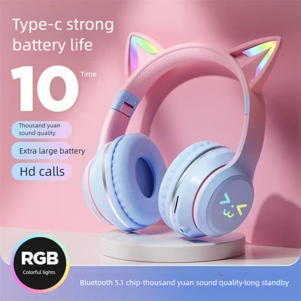Wireless Bluetooth Headset Cat Ear Gaming Headphones Deep Bass Compatible_voghion.com