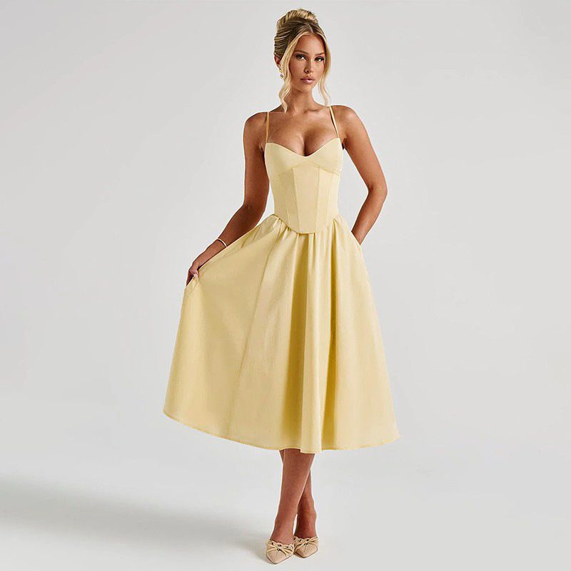 Damenbekleidung Frühling und Sommer Neuer Trend Taillenhosenträger Schlank Reine Farbe V-Ausschnitt Leichtes Luxus-Bankettkleid Damen_voghion.com