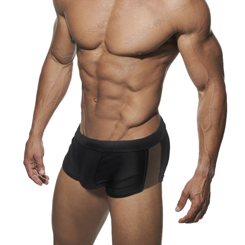 JESSBORN- Men's Pure Black Flat Corner with Side Mesh Sexy Pants Youth Hot Spring Beach Swimming Suit_voghion.com