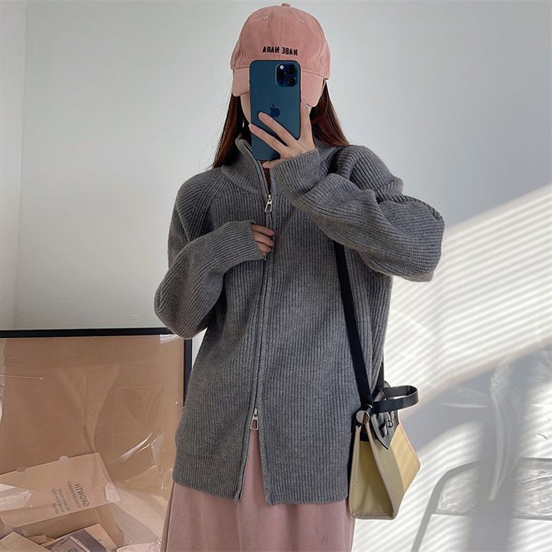 Women's Clothing ​​Double-Zip Knit Jacket – Korean-Inspired Oversized Cardigan With Lapel Collar​​_voghion.com