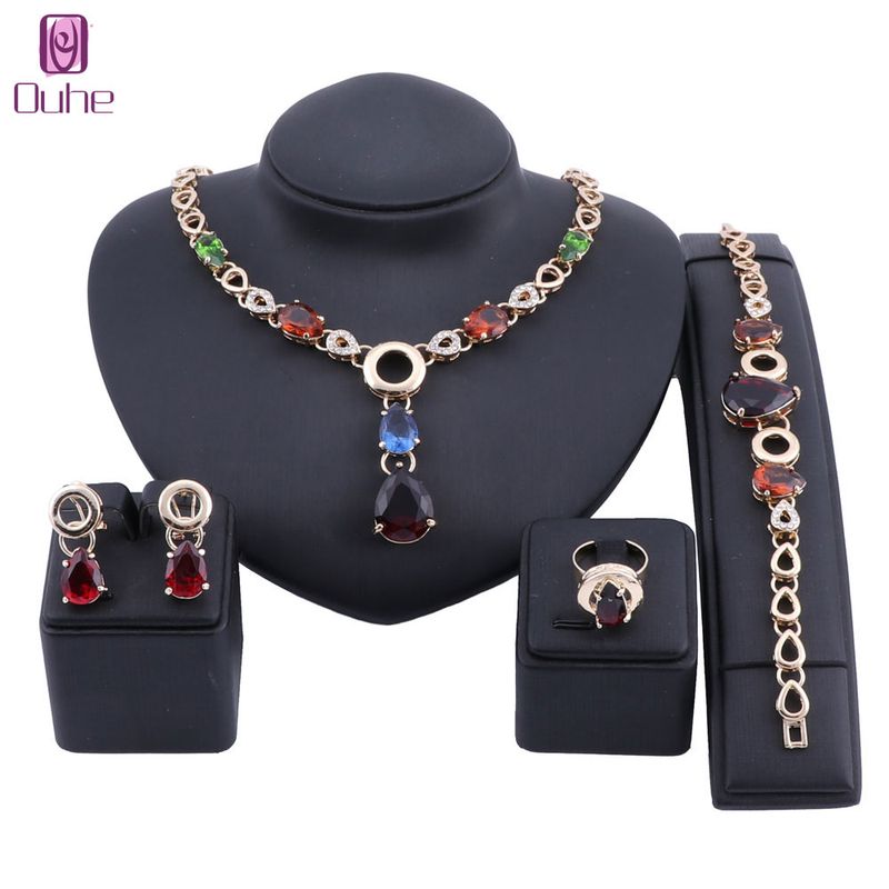 Women Wedding Dubai Gold African Beads Necklace Earrings Ring Bracelet Nigerian Zircon Crystal Jewellery Sets_voghion.com